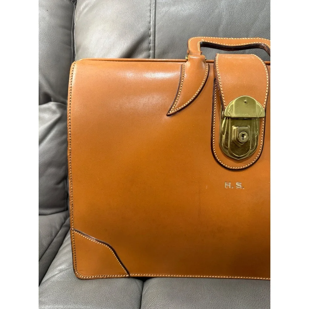 Vintage Tan Leather Briefcase Brass Lock Accordion Document Bag H.S.